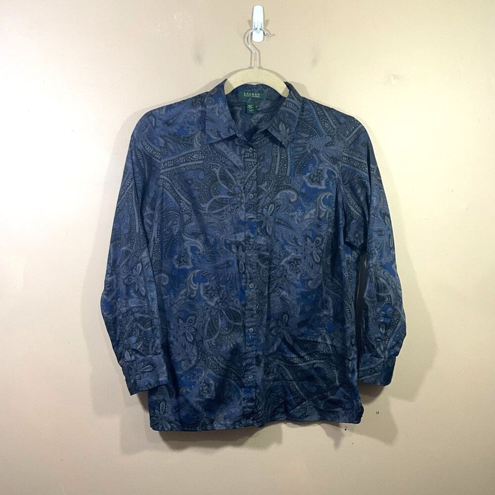 Lauren Ralph Lauren Womens Paisley Print Button Up Shirt 1X Blue Boho Whimsigoth